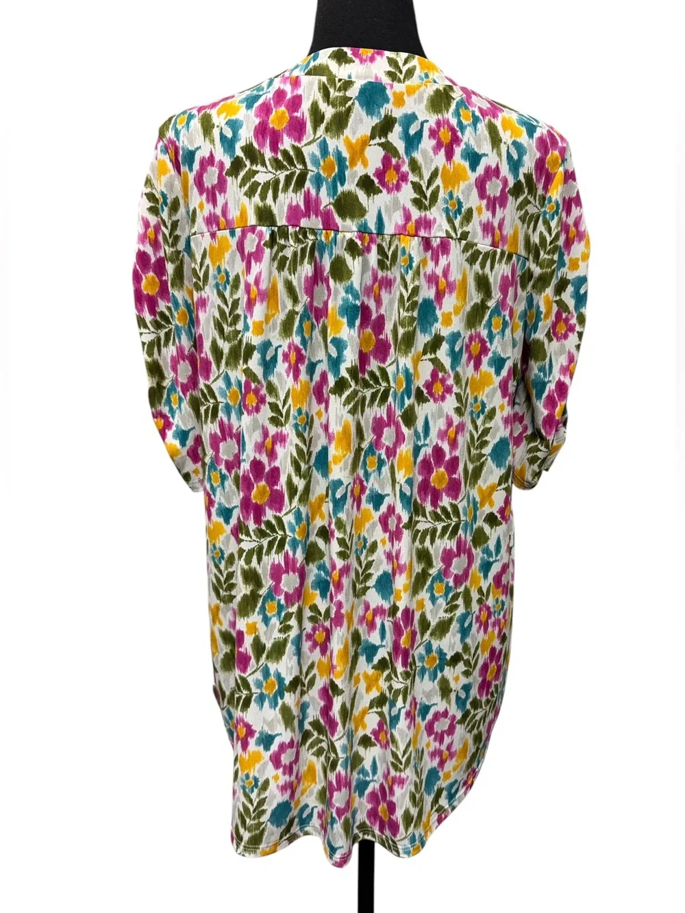 White Birch Floral Boho Tunic Top Medium Pink Teal Mustard Relaxed Fit